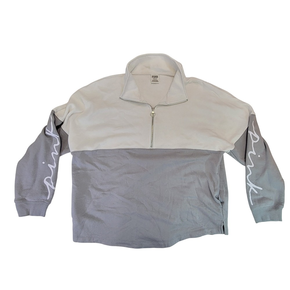 PINK Victoria's Secret Colorblock Quarter Zip Sweatshirt Pullover L‎ Gray/White